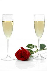Copas de champagne y rosa roja