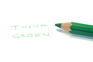green wooden pencil and text think green