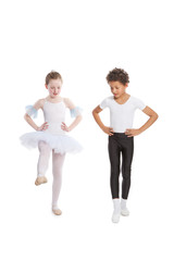 interracial  children dancing together, isolated on white backgr