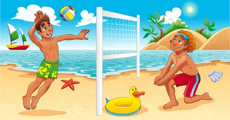 Wandaufkleber Beach-Volley-Szene. Karikatur- und Vektorsportillustration. © ddraw