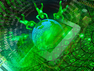 Mans and globes against star background