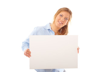 Naklejka premium Happy young female holding blank banner