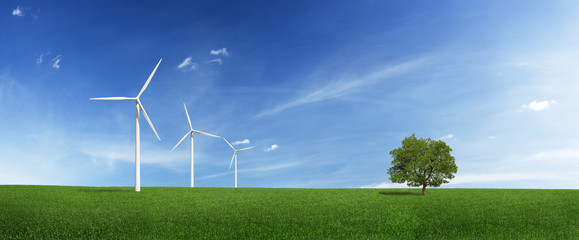 Lonely tree and wind turbines on a green field (XXXLarge)