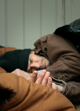 Closeup of Homeless Man Sleeping