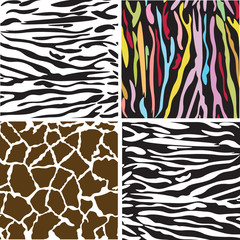 Seamless animal patterns of tiger, giraffe and zebra.