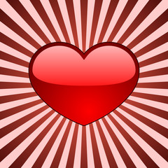 Glossy red heart over radial stripes.