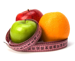 tape measure wrapped around fruits isolated on white background