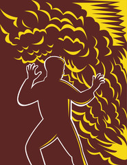 Man scared in front of burning fire and smoke