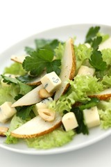 salad with pears, blue mold cheese and parsley
