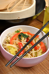 scrimp egg noodle with organic stir fry
