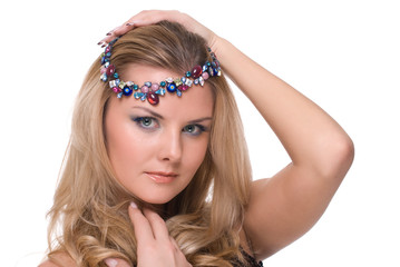 Closeup portrait of woman with adornment in hair