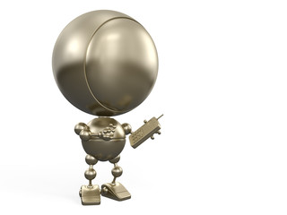 Cartoon gold robot makes a call by mobile phone