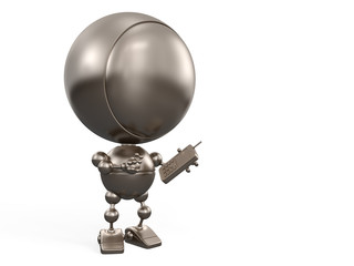 Cartoon silver robot makes call by mobile phone
