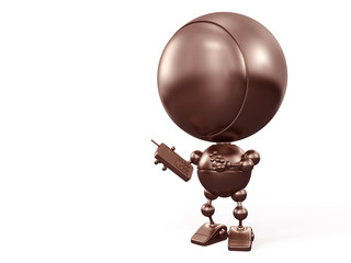 Cartoon bronze robot makes call by mobile phone