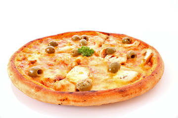 Tasty pizza with olives on white