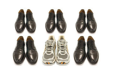 sport shoes and business shoes on white background
