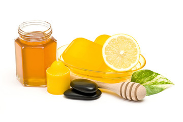 bar of glyceryn soap jar of honey and lemon