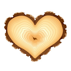 Wooden cross section of the heart shape. Vector.