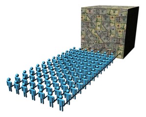 Fototapeta premium teamwork abstract people pulling cube of dollars