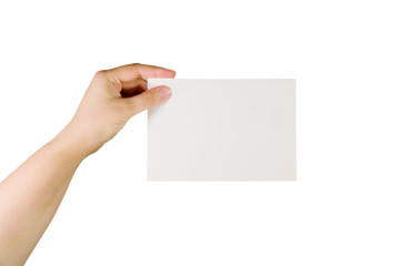 Obraz premium Hand holding a paper card (isolated on white)