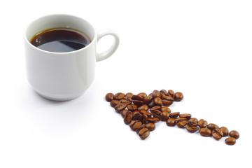 Cup with coffee and arrow made from beans