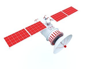 Satellite with red elements isolated on white