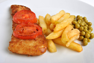 fish and chips with some organic vegetable