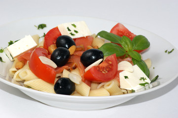 mediterranean salad with organic feta cheese, olive and pasta