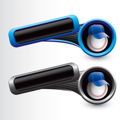 baseball with hat tilted blue and gray banners