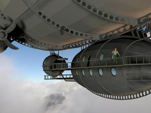 Render of a man on walkway of an airship