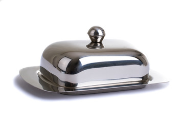 Stainless butterdish on a white background