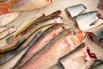 whole fresh fishes are offered in the fish market in asia