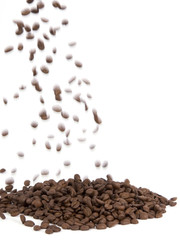 Falling coffee beans on a white background