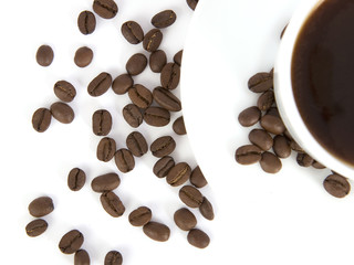 Coffee beans and coffee cup on a white background