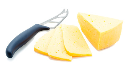 Cheese and knife isolated on white