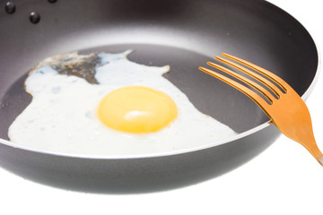 A fried egg in a frying pan with fork isolated