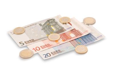 Three euro banknotes and coins on white background (with shadow)