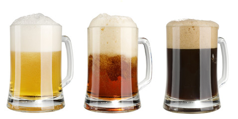 Three mugs of multicolor alcohol beer over white