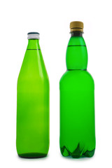 two isolated green bottle