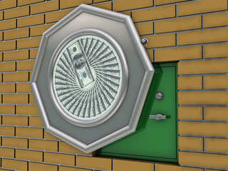 Green safe deposit in wall behind the picture