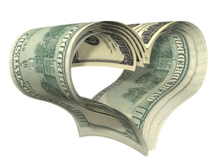 valentine heart shape made by dollars isolated