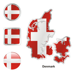 vector flag of denmark in map and web buttons shapes