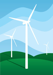 Wind turbines in a green hilly environment