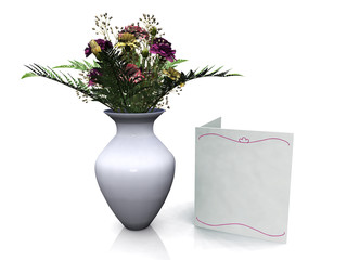 Vase with a bouquet of carnation flowers and blank card beside i