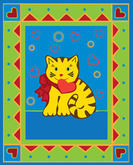 Valentine card with kitten, vector illustration