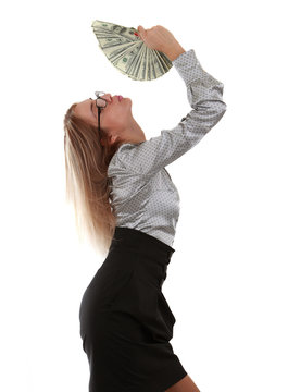 Girl with a fan of dollar bills