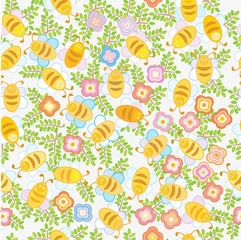 Cute seamless background with funny bees in flowers