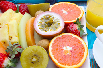 Tropical fruits tray breakfast