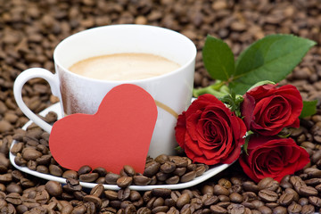 Obraz premium cup of coffee, red roses and heart