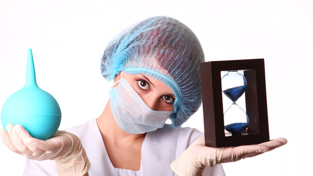 Nurse with clyster and sandglass